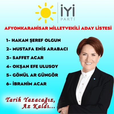 İYİ Parti Afyonkarahisar Milletvekili adayları belli oldu. Sıralama: 1.Hakan Şeref