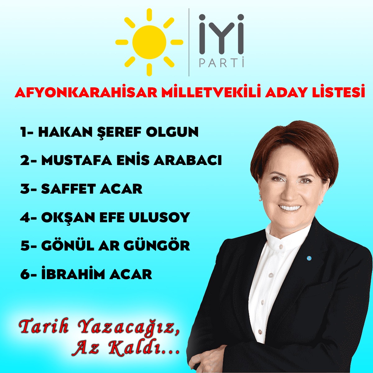 İYİ Parti Afyonkarahisar Milletvekili adayları belli oldu. Sıralama: 1.Hakan Şeref