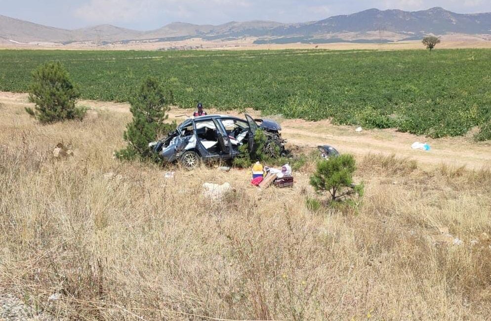   Afyonkarahisar’da takla atarak şarampole giren ve hurdaya dönen araçta