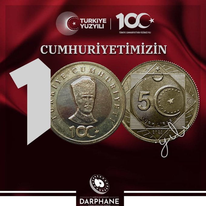 Cumhuriyetin 100. yılına özel 5 TL Madeni Tedavül Hatıra parası