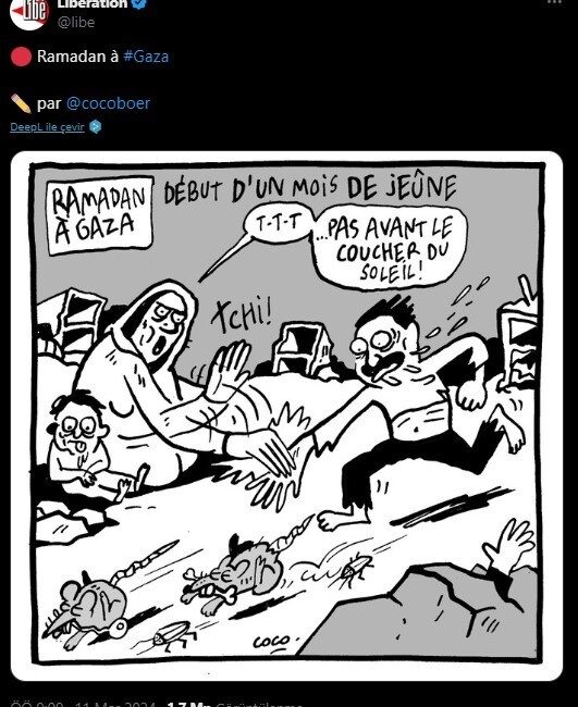 Fransız gazetesi Liberation, yayınladığı küstah karikatürle Gazze Şeridi’nde İsrail ablukası
