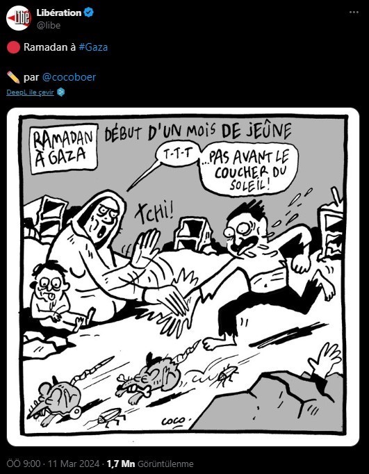 Fransız gazetesi Liberation, yayınladığı küstah karikatürle Gazze Şeridi’nde İsrail ablukası