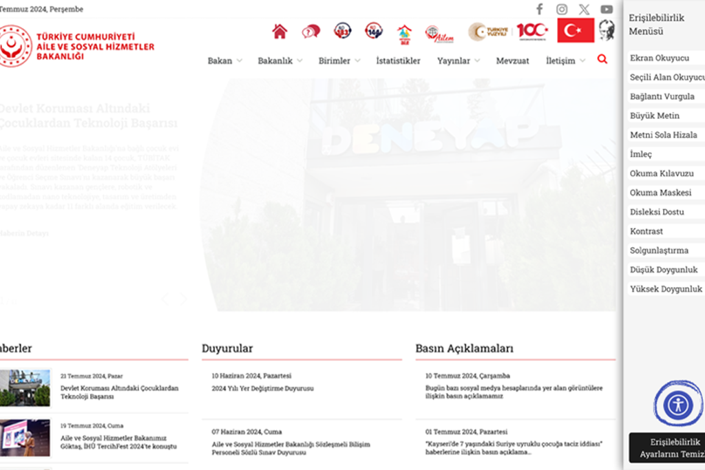 Aile ve Sosyal Hizmetler Bakanlığı’nın internet sitesi “Erişilebilirlik Menüsü”yle engelli