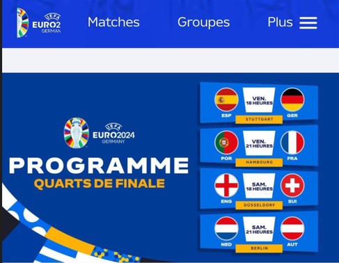 UEFA’nın Fransızca resmi sitesinde çeyrek final eşleşmelerinde Hollanda’ya karşı Türkiye