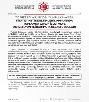 Ticaret Bakanlığı, 2024 yılının ilk sekiz ayında gerçekleştirdiği fiyat etiketi