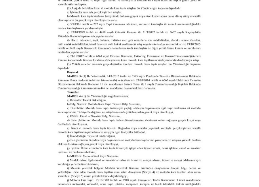 Resmi Gazete’de yayınlanan “Motorlu Kara Taşıtlarının Ticareti Hakkında Yönetmelik” ile