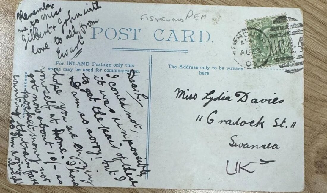 Galler’de 1903 yılında gönderilen kartpostal 121 yıl sonra adrese ulaştı.