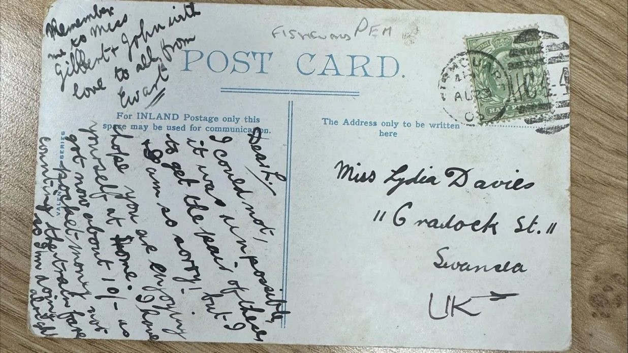 Galler’de 1903 yılında gönderilen kartpostal 121 yıl sonra adrese ulaştı.