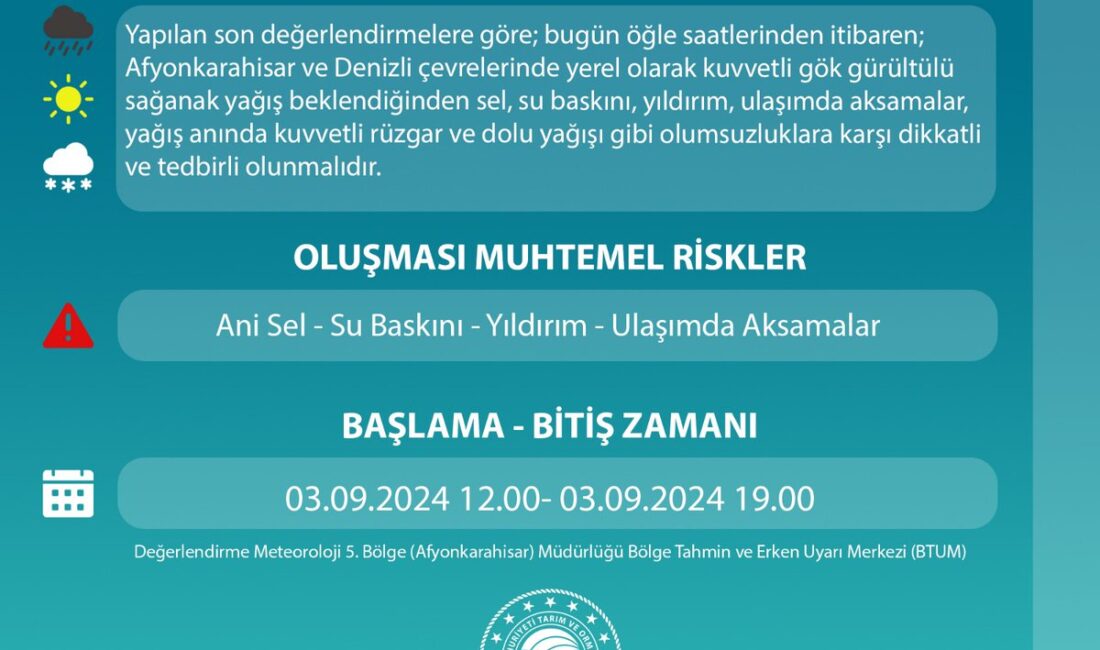 Yerel Olarak Güçlü Gökgürültülü Sağanak Yağış Uyarısı Meteorolojik uzmanlar, Afyonkarahisar ve Denizli çevrelerinde yerel olarak güçlü gök