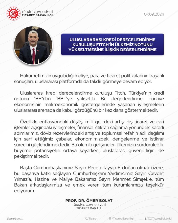 Uluslararası kredi derecelendirme kuruluşu Fitch, Türkiye’nin kredi notunu yükseltti. Bu