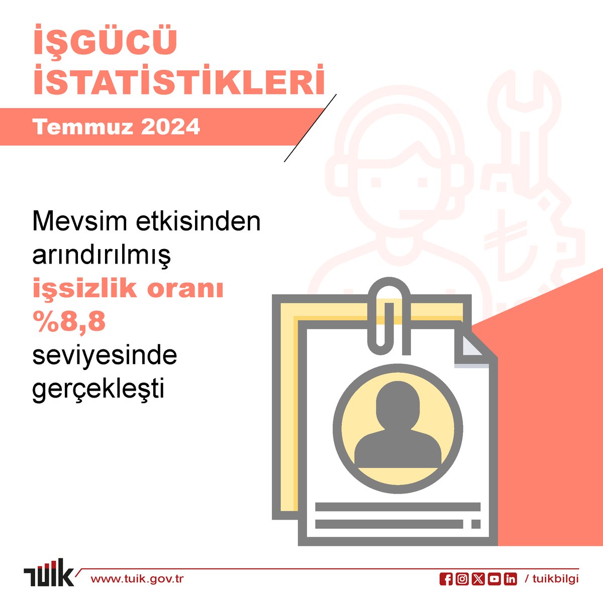Temmuz 2024 itibarıyla, Türkiye’de mevsim etkisinden arındırılmış işsizlik oranı %8,8