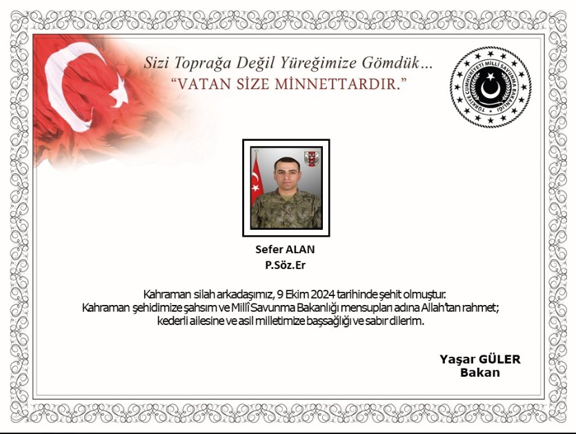 Milli Savunma Bakanlığı, Irak’ın kuzeyindeki Pençe-Kilit Operasyonu bölgesinde bir askerin