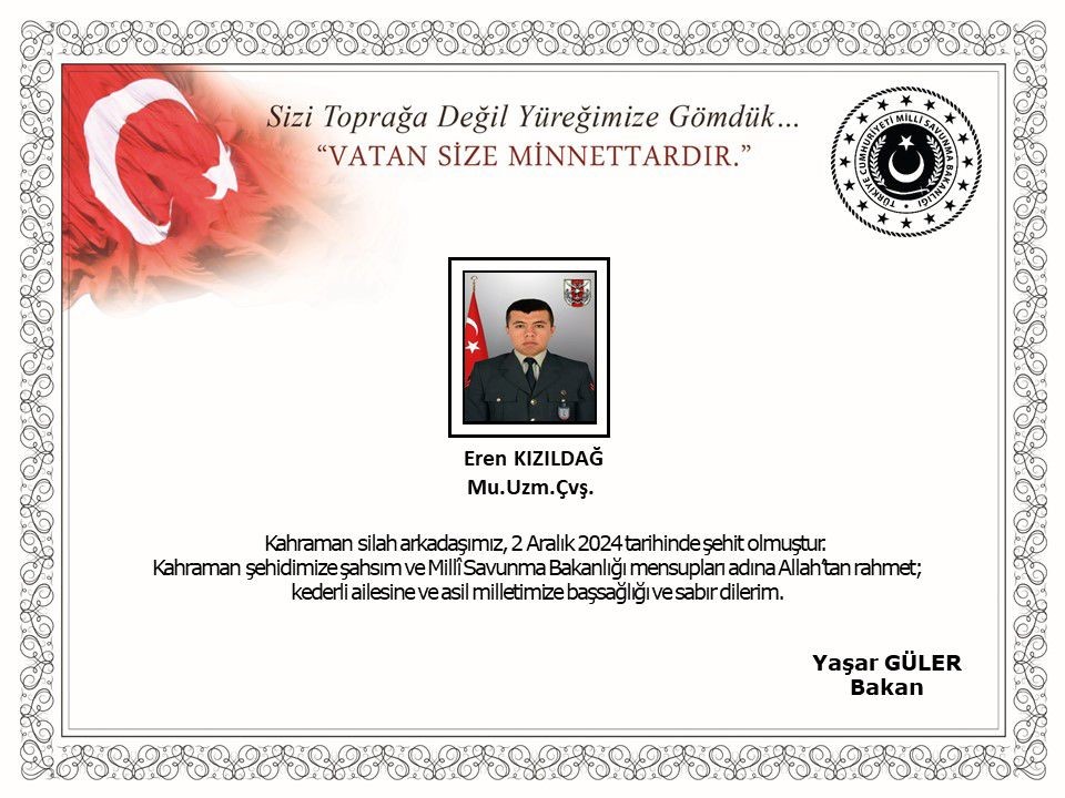 Milli Savunma Bakanlığı, 16 Kasım’da Pençe-Kilit operasyonu bölgesinde yaralanan Uzman