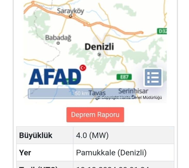 Denizli'de merkez üssü Güney ilçesi olan 4.0 şiddetinde orta büyüklükte