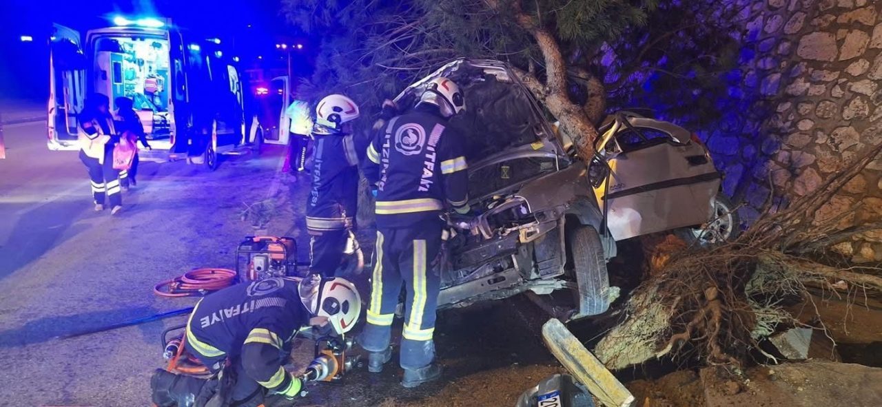 Denizli’nin Merkezefendi ilçesinde kontrolden çıkan otomobil önce refüje sonra ağaca
