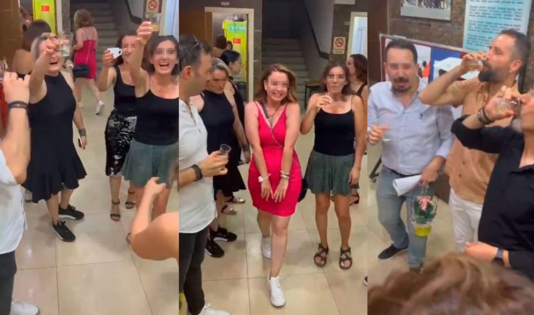 İzmir’in Bornova ilçesinde bir ortaokulda, okul bahçesinde şampanya patlatan ve