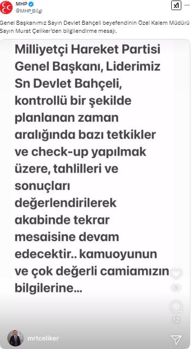 SON DAKİKA! MHP Lideri Bahçeli'nin Sağlık Durumuna İlişkin Açıklama Geldi