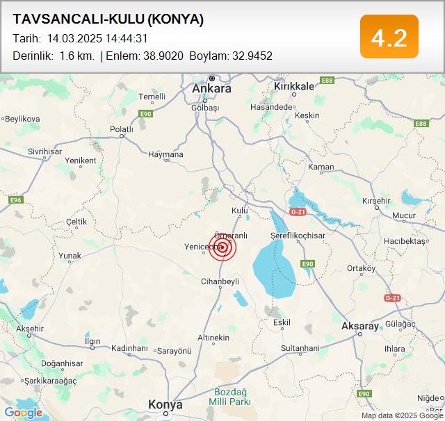Konya’nın Kulu ilçesinde 4,2 büyüklüğünde deprem meydana geldi.