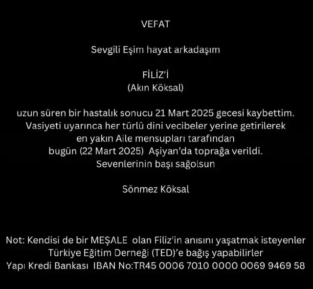 Filiz Akın, Vasiyeti Üzerine Sadece Ailesinin Katıldığı Törenle Defnedildi 1 Filiz Akın, Vasiyeti Üzerine Sadece Ailesinin Katıldığı Törenle Defnedildi