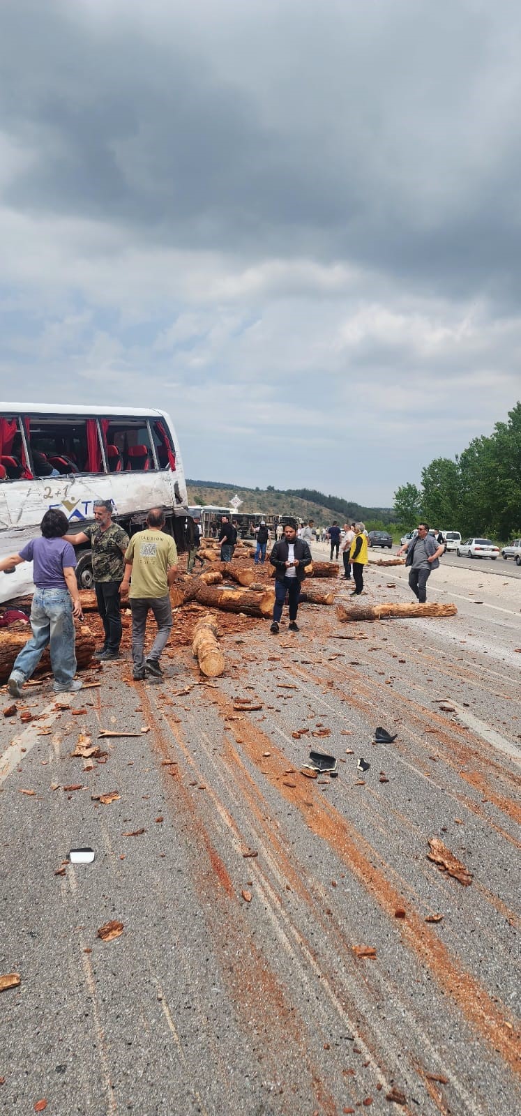 Çanakkale'de Truva Turizm'e ait yolcu otobüsü ile tomruk yüklü kamyon