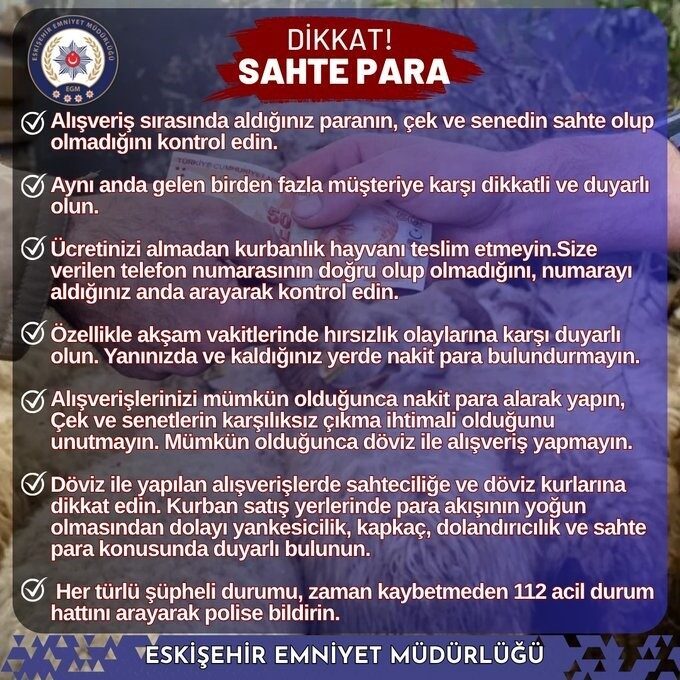 Eskişehir Emniyet Müdürlüğü, kurban satış yerlerinde yapılacak hayvan alışverişleri esnasında