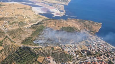 İzmir’in Dikili ilçesinde çıkan orman yangını, havadan ve karadan müdahale