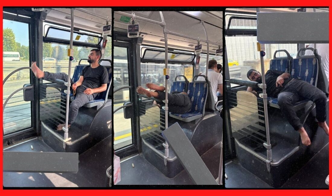 Dağda mı yaşıyorsun! İstanbul’da metrobüste uyuyarak ve ayaklarını koltuklara uzatarak yolculuk yapan bir