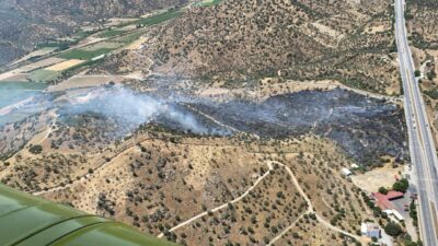  Aydın'ın Çine ilçesinde zeytin ağaçlarının bulunduğu alanda çıkan yangın havadan