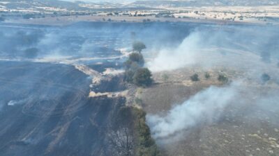 Manisa'nın Kula ilçesinde buğday hasadı yapılan tarlada yangın çıktı, alevler