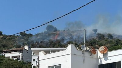 Muğla'nın Bodrum ilçesinde makilik alanda çıkan yangın havadan ve karadan