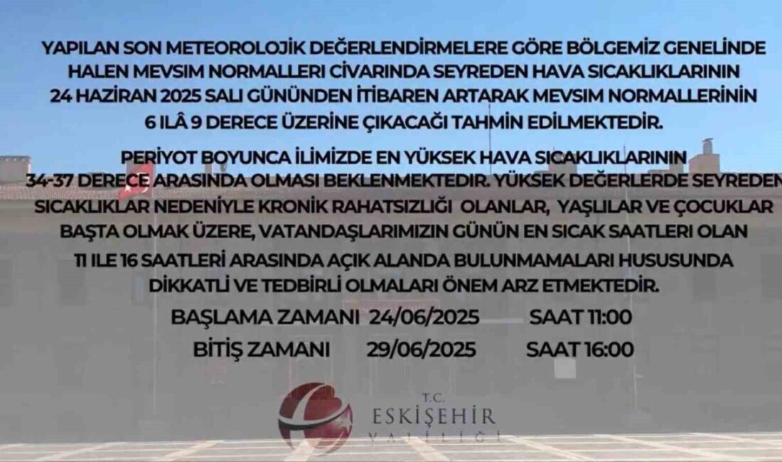 Eskişehir Valiliği, 24 Haziran 2025 Salı gününden itibaren hava sıcaklıklarının