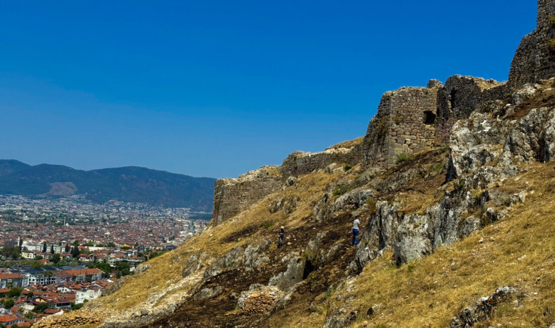  Muğla'da, Fethiye Kalesi'nin arkeolojik kazı alanındaki otluk alanda çıkan yangın