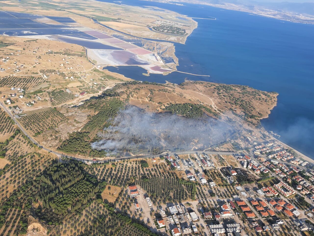  İzmir'in Dikili ilçesinde makilik ve çamlık alanda çıkan yangına karadan