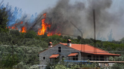 İzmir’in Foça ilçesindeki ormanlık alanda çıkan yangın, havadan ve karadan