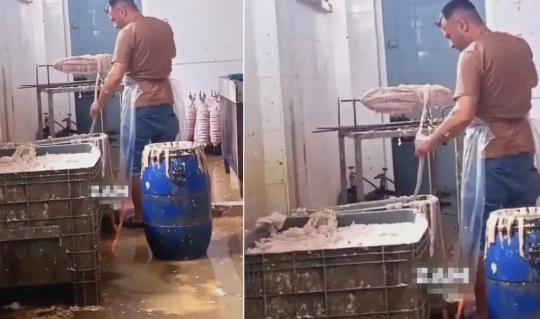 Bir kokoreç imalathanesinde çekilen görüntüler mide bulandırdı. Görüntülerde kokoreç sarılan
