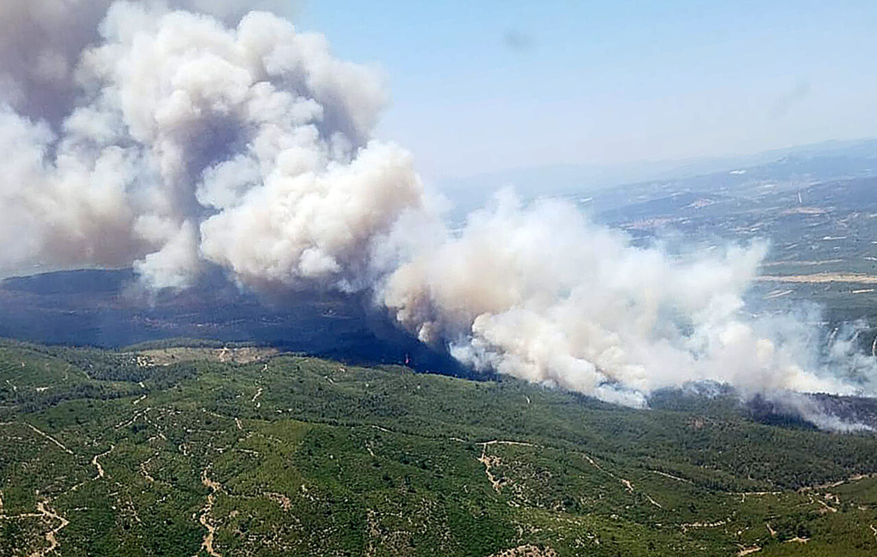 Manisa'nın Akhisar ilçesinde çıkan orman yangınına havadan ve karadan müdahale
