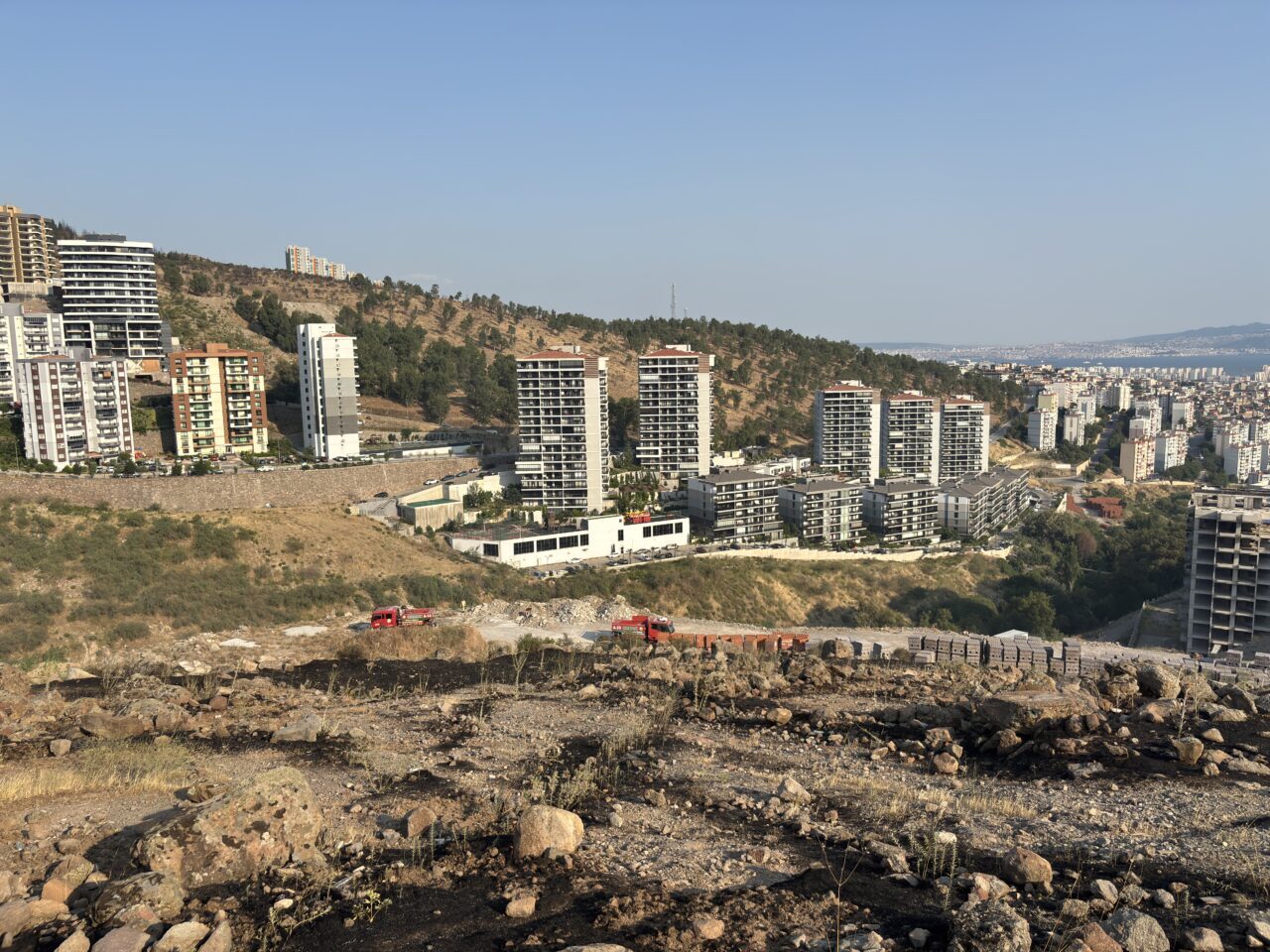 İzmir'in Çiğli ilçesinde otluk ve ağaçlık alanda çıkan yangın, havadan
