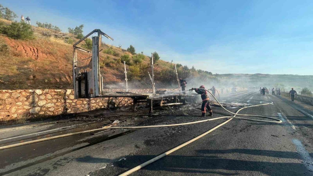 Bilecik’in Osmaneli ilçesinde sunta yüklü tırın dorsesi alev alev yandı.