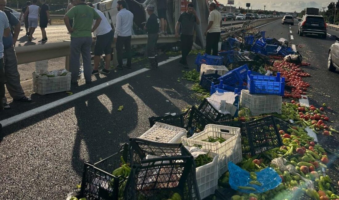 Tekirdağ'ın Marmaraereğlisi ilçesinde meyve ve sebze yüklü bir kamyonun devrilmesi