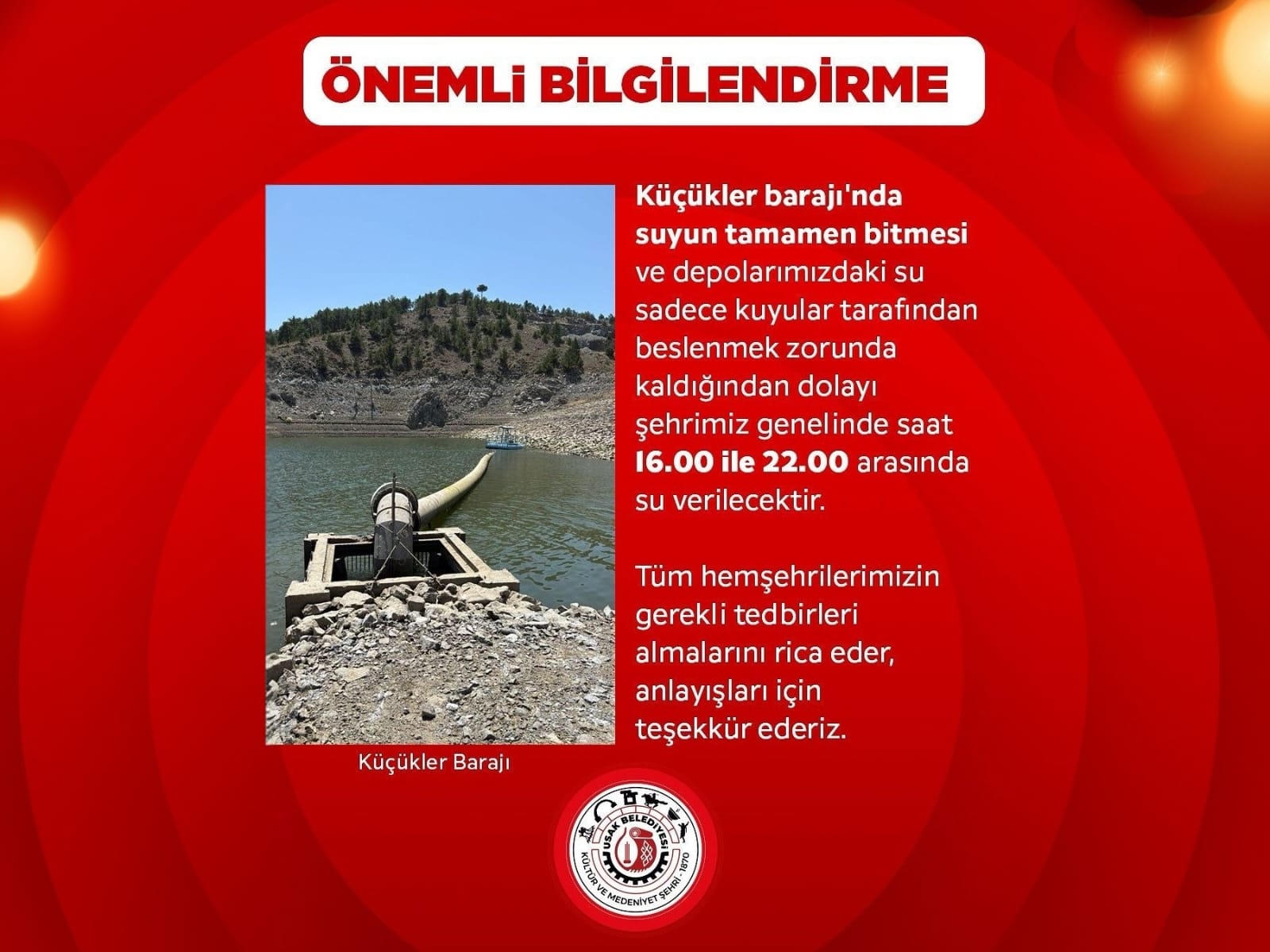 Uşak'ta, şehre içme suyu temin eden barajların tamamen kuruması nedeniyle