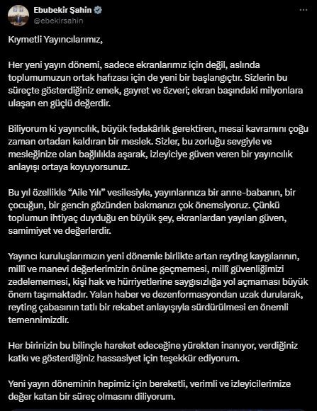RTÜK Başkanı Ebubekir Şahin, yeni yayın dönemi öncesi yayıncılara yalan