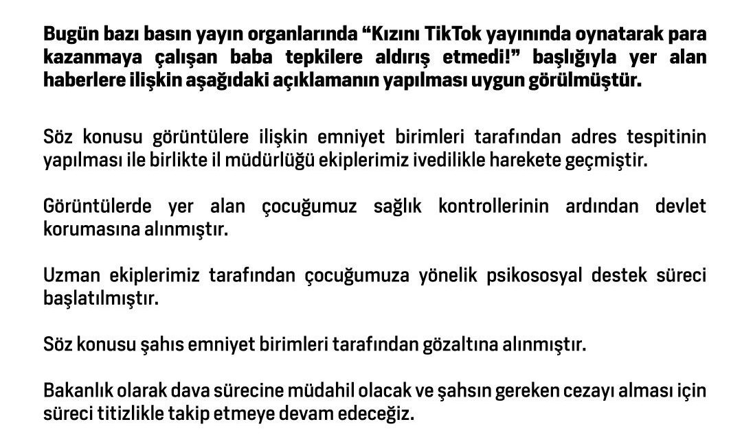 TikTok’ta Dans Ettirilen Kız Çocuğu Devlet Korumasına Alındı Aile ve Sosyal Hizmetler Bakanlığı, TikTok’ta para karşılığı yayın yapılan