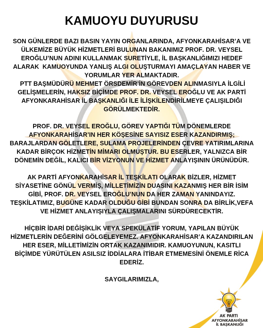 AK Parti Afyonkarahisar İl Başkanlığı, son günlerde bazı basın organlarında