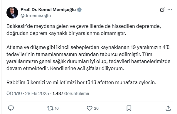 Sağlık Bakanı Memişoğlu’ndan yaralılarla ilgili açıklama "Doğrudan deprem kaynaklı bir yaralanma olmamıştır. Atlama ve düşme gibi