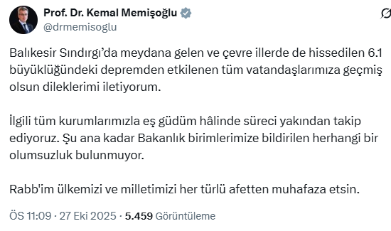 Sağlık Bakanı Prof. Dr. Kemal Memişoğlu’ndan deprem açıklaması Şu ana kadar Bakanlık birimlerimize bildirilen herhangi bir olumsuzluk bulunmuyor.