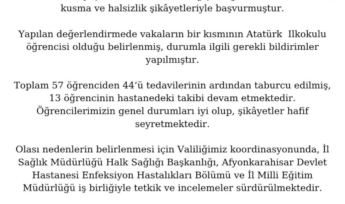 Afyonkarahisar’da yaşları 6 ile 10 arasında değişen 57 öğrenci, bulantı,