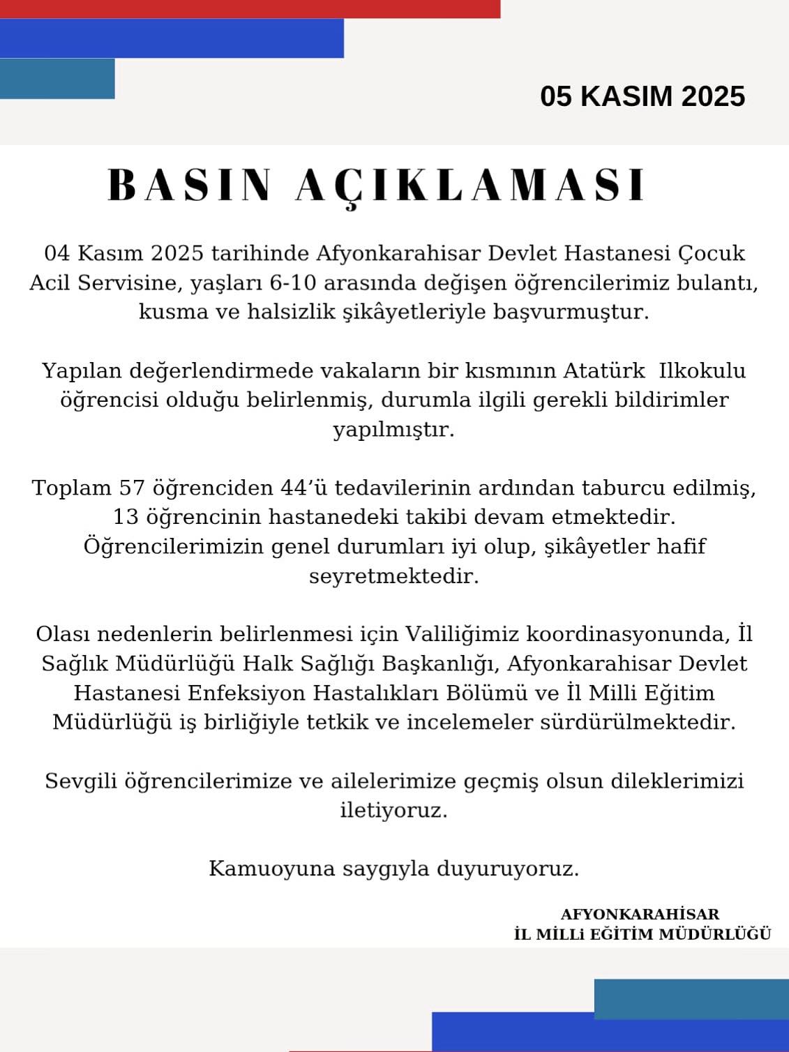Afyonkarahisar’da yaşları 6 ile 10 arasında değişen 57 öğrenci, bulantı,