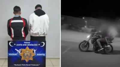 Yozgat'ta, motosiklet üzerinde uzun namlulu silah benzeri bir cisimle poz