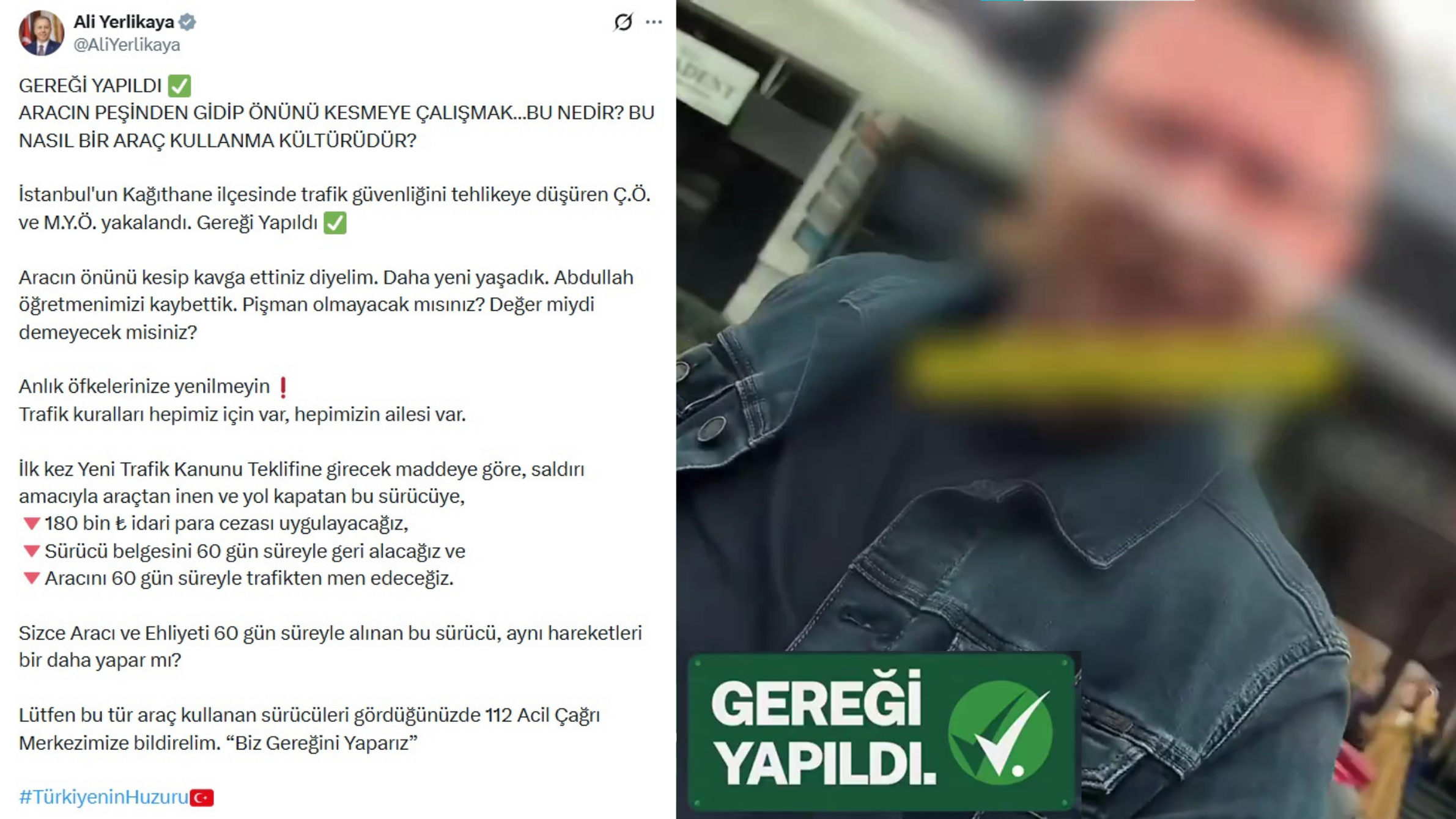 İçişleri Bakanı Ali Yerlikaya, İstanbul Kağıthane’de trafik güvenliğini tehlikeye atan
