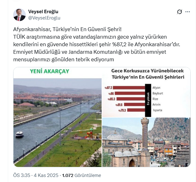 TÜİK verilerine göre vatandaşların en güvende hissettiği il Afyonkarahisar oldu